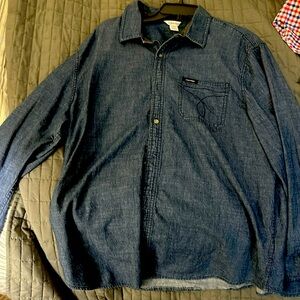 Calvin Klein, denim button-down, collared, casual shirt size extra large.